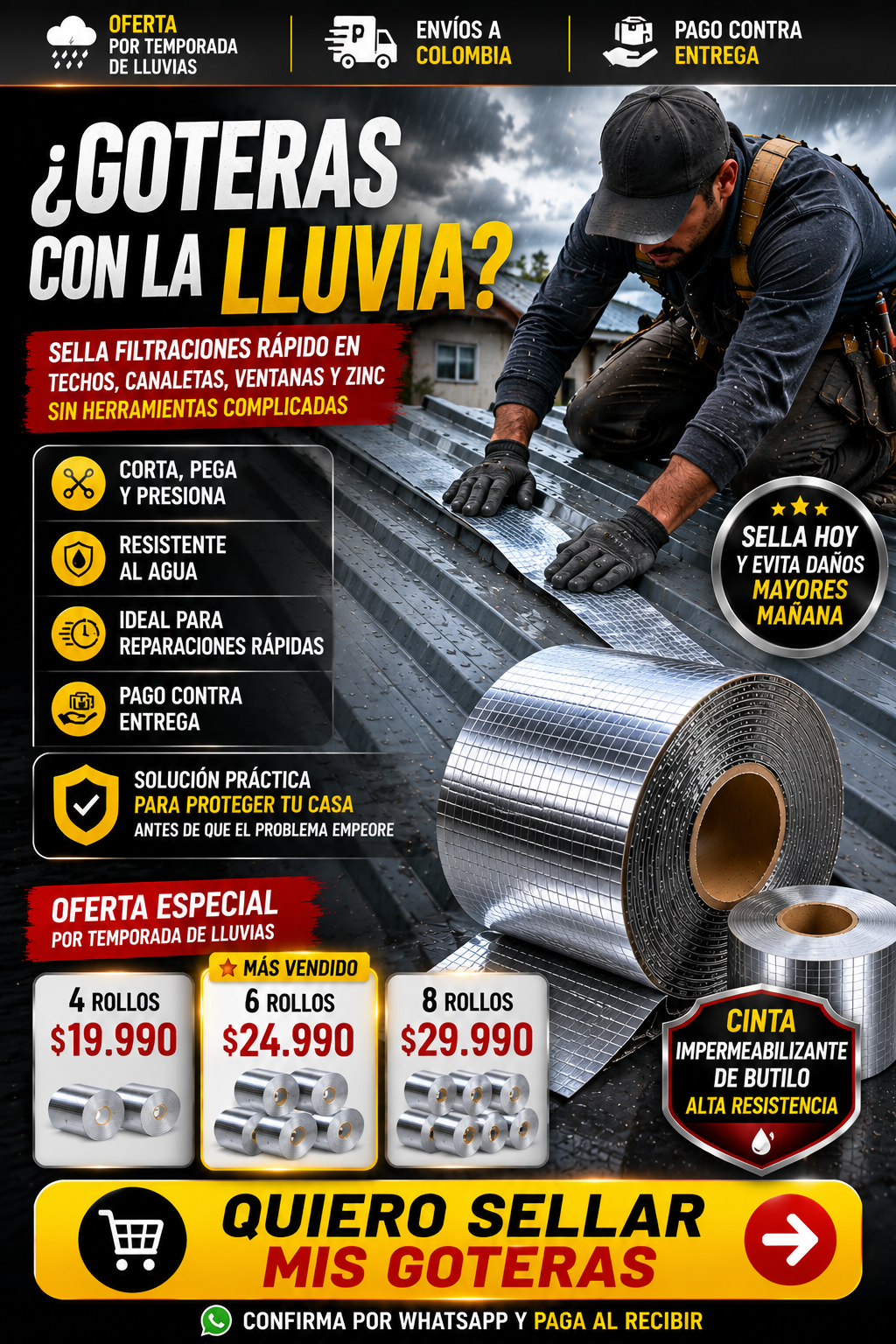 Cinta Adhesiva Tapagoteras Impermeable 10 Metros | Pack 4 Unidades