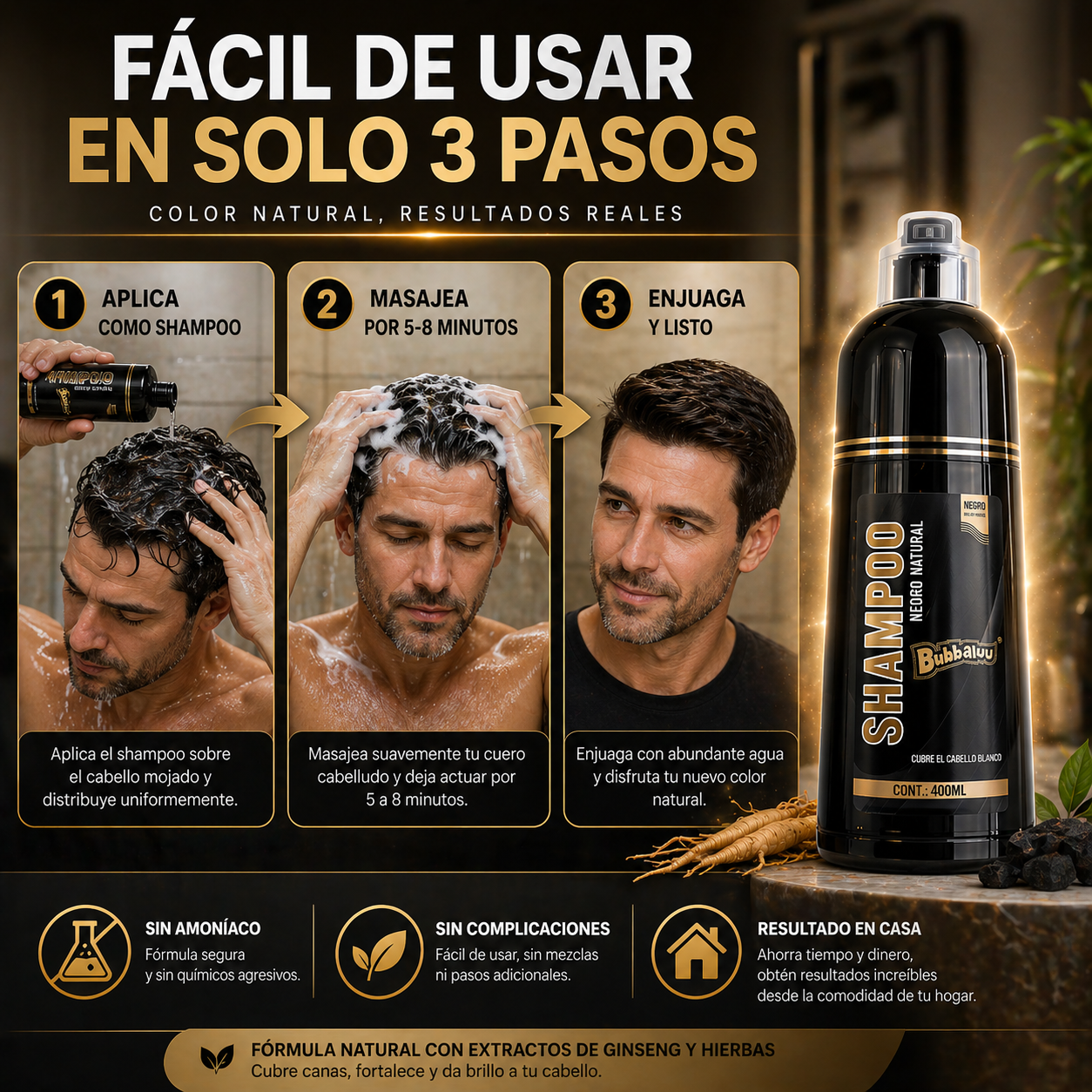 Rejuvenece tu cabello al instante Shampoo cubridor de cana.