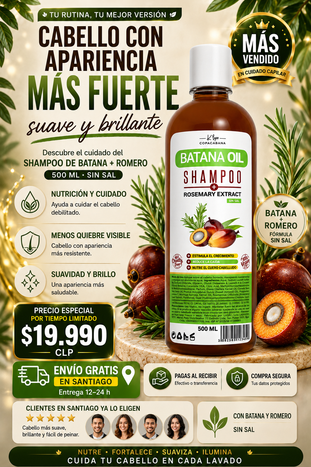 🌿 SHAMPOO DE BATANA + ROMERO Ayuda al Crecimiento y reduce la caída del cabello.