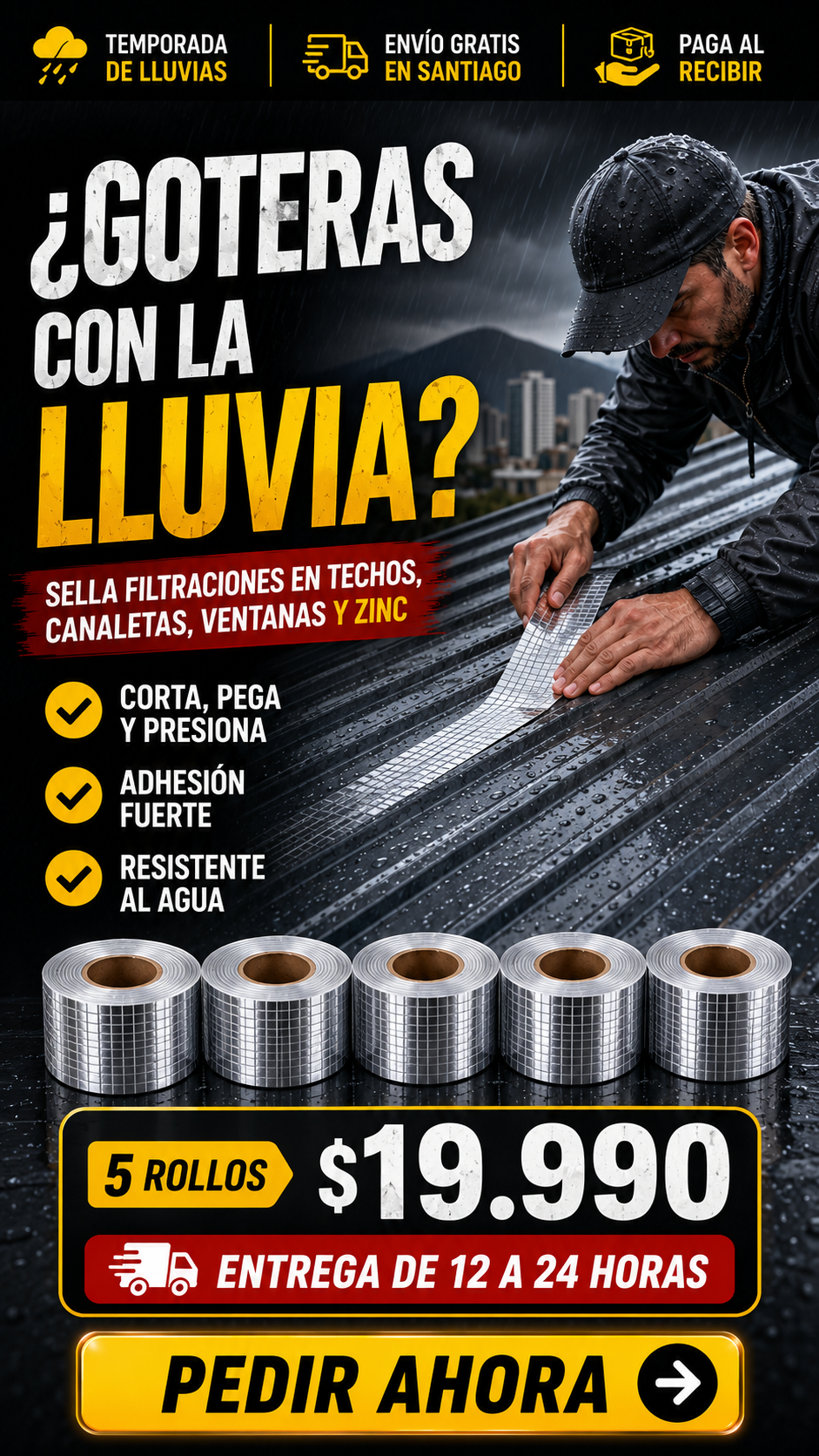 Cinta Adhesiva Tapagoteras Impermeable 10 Metros | Pack 5 Unidades