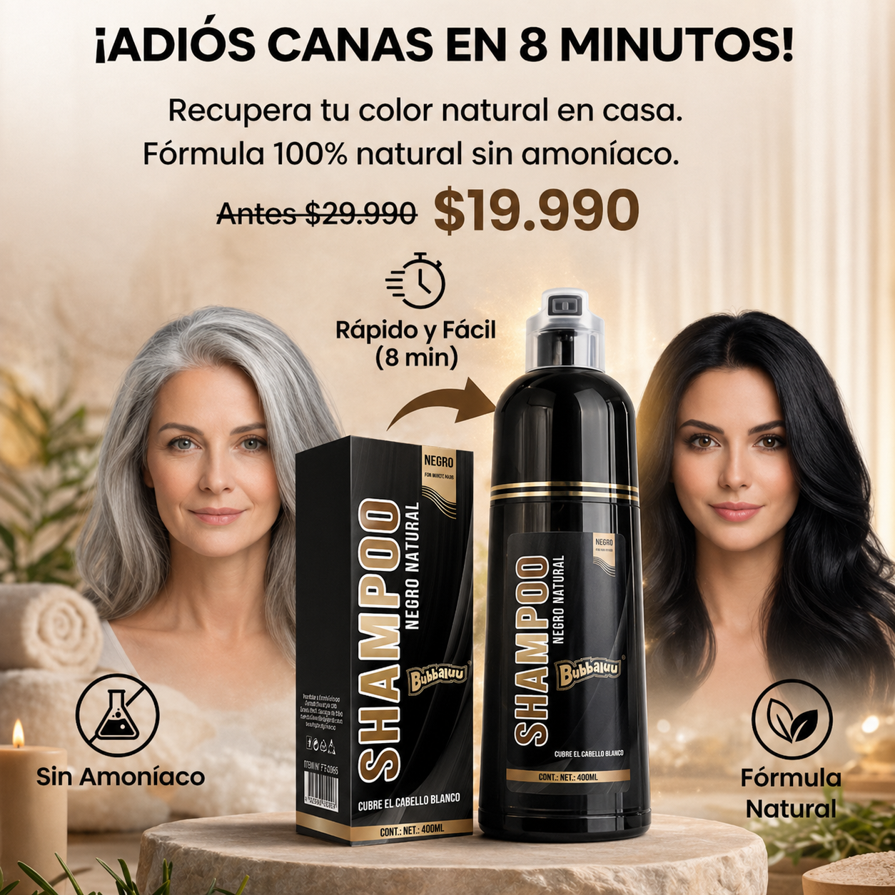 Rejuvenece tu cabello al instante Shampoo cubridor de cana.