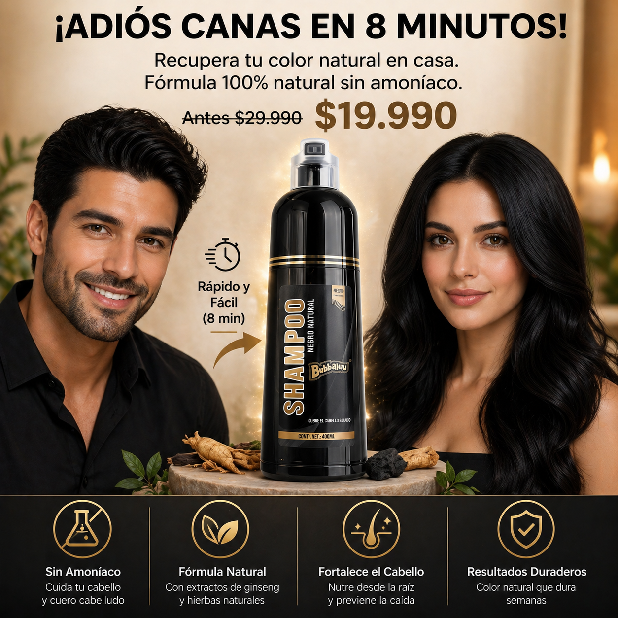 Rejuvenece tu cabello al instante Shampoo cubridor de cana.