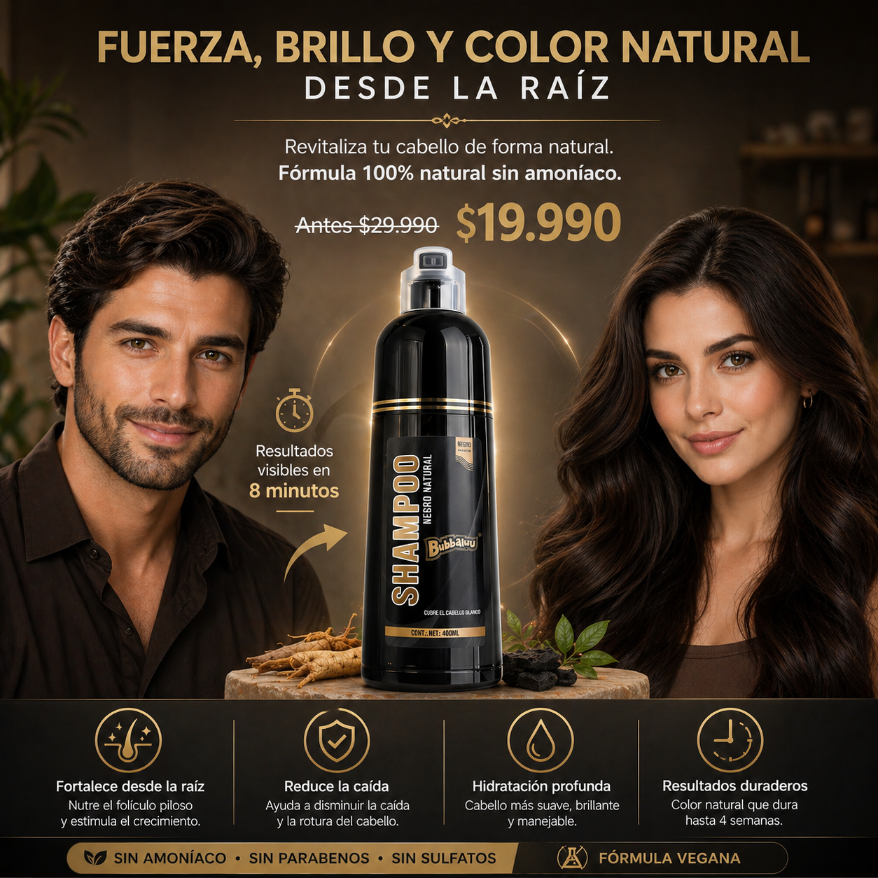 Rejuvenece tu cabello al instante Shampoo cubridor de cana.