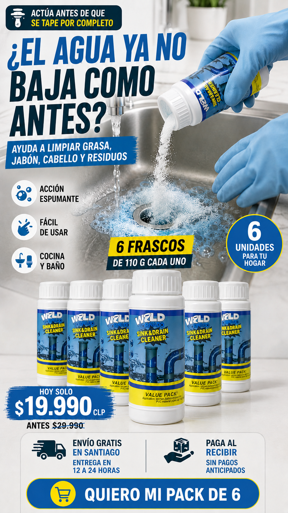 Destapador de Cañerías Wild Tornado | Pack Ahorro de 6 Unidades